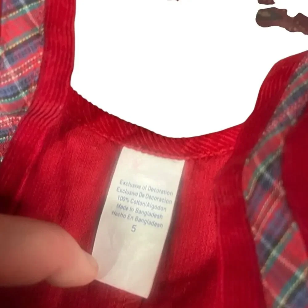 Girls Size 5 Red Corduroy Jumper Dress Heart Flower Plaid Embroidered Cute EUC